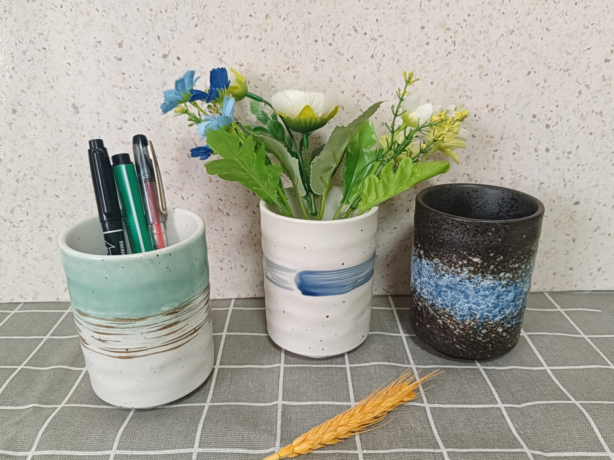 TOPYOKK Stoneware Coffee Bar Utensil Holder Tea & Coffee Spoon & Stirrer Holder for Stir Stick Straw Teaspoon Holder Espresso Spoon Cup Small Utensil Jar (Sea Water)