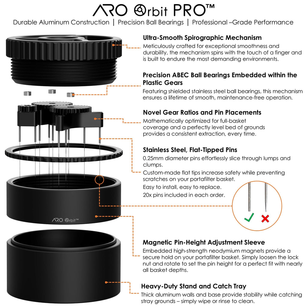 ARO Orbit PRO™ | Aluminum Spirographic WDT Tool | Mechanical Geared Spinning Distribution Tool for Home Baristas and Professional Cafés | Compatible with Breville 54mm Portafilters