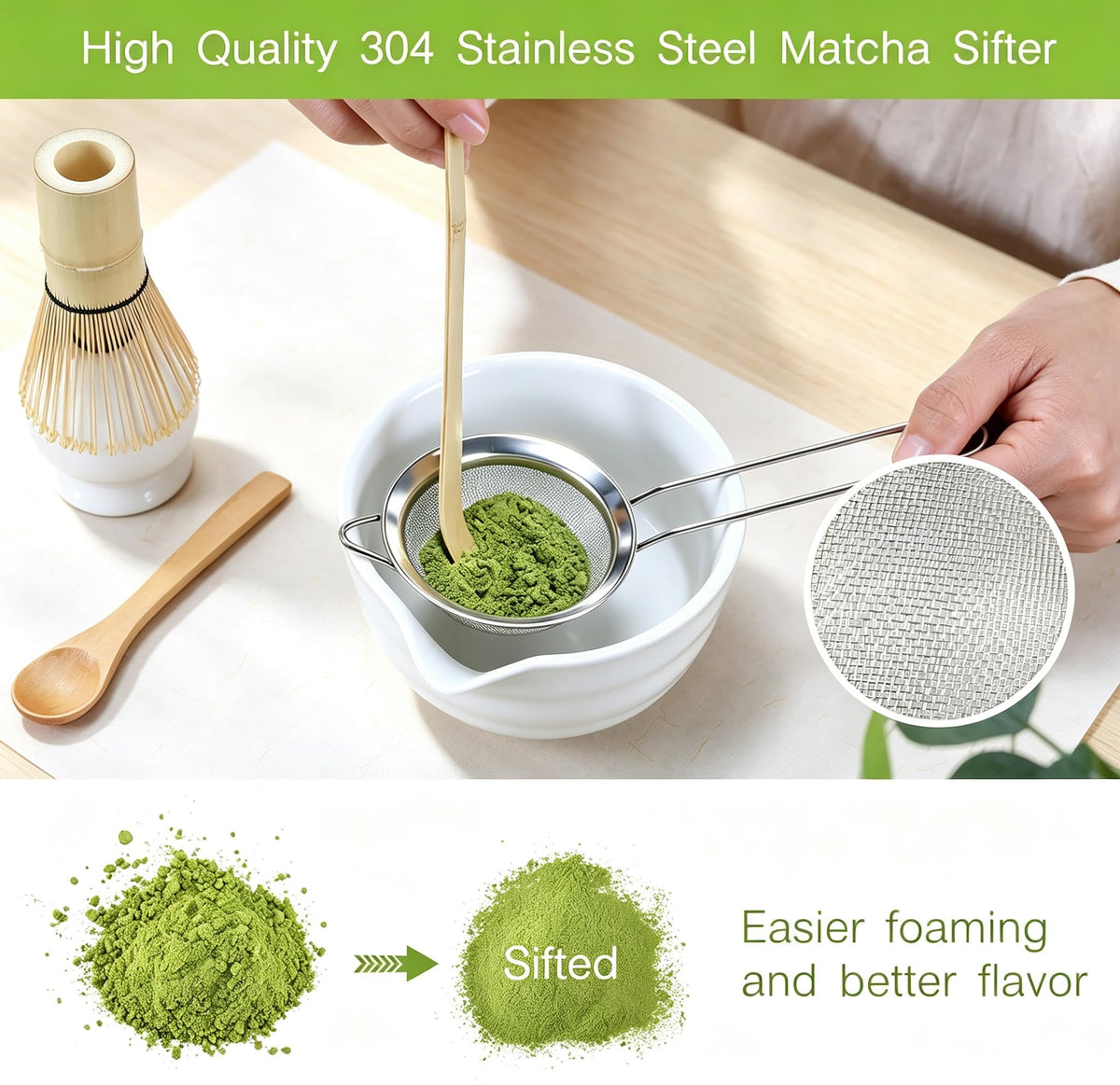 6 Pcs Matcha Set - Matcha Whisk Set & Matcha Bowl Set with Bamboo Scoop, Stainless Steel Sifter, 19 oz Ceramic Pouring Bowl, Matcha Spoon, Whisk Holder - Japanese Tea Ceremony Kit for Gifts (White)