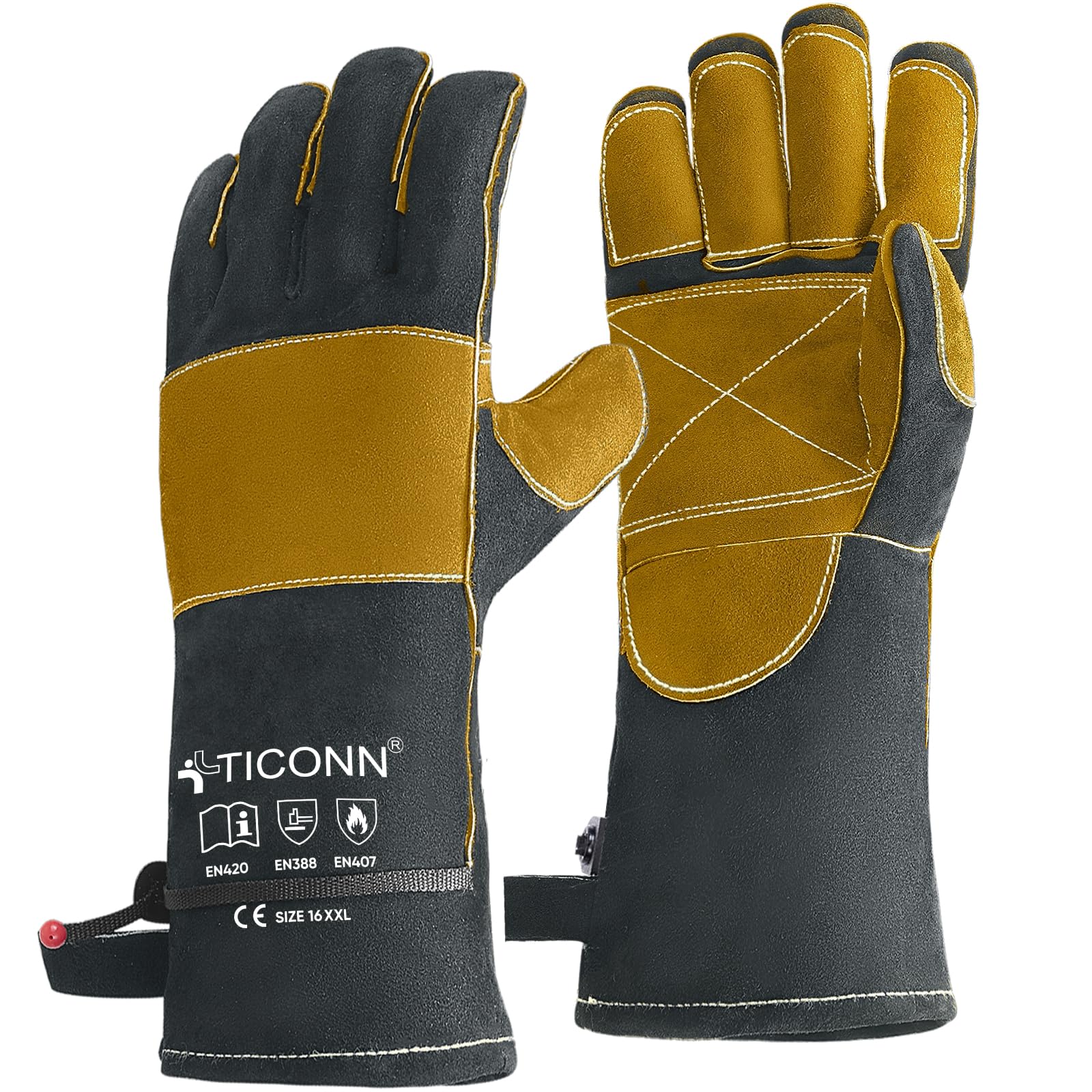 TICONN 16 Inch Welding Gloves, 1000°F Heat-Resistant Fireproof Leather Gloves for Welders, Stick, Forge, Mig, Tig, BBQ, Baking, Oven (Grey/Yellow, XXL)