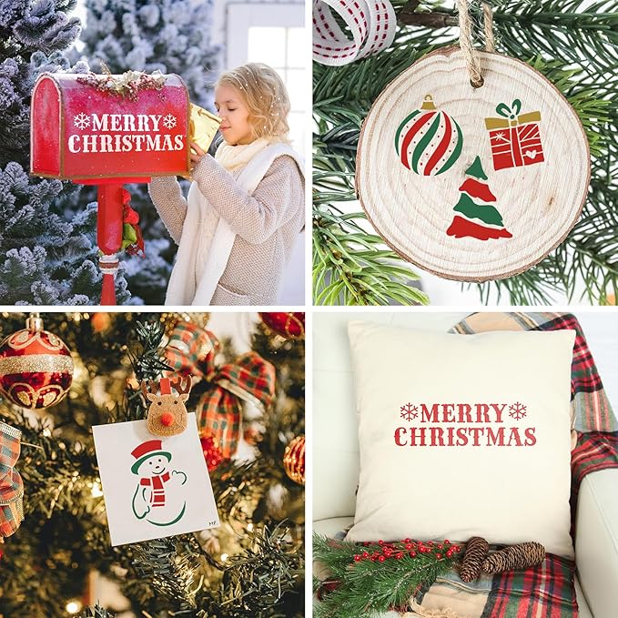 21 PCS Merry Christmas Stencils for Painting Christmas Stencils Template Plastic Reusable Template for Xmas Decor Fabric Canvas Furniture, Wall, Window, Fabric, Wood DIY Home Decor