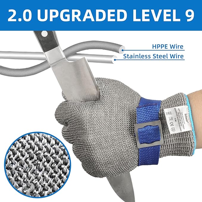 Schwer ANSI A9 Cut Resistant Glove, Food Grade Stainless Steel wire Mesh Metal Gloves, Knife Cutting Gloves for kitchen Mandoline Slicing Butcher Meat Cutting Oyster Shucking Fish Fillet（M, 1 PCS）