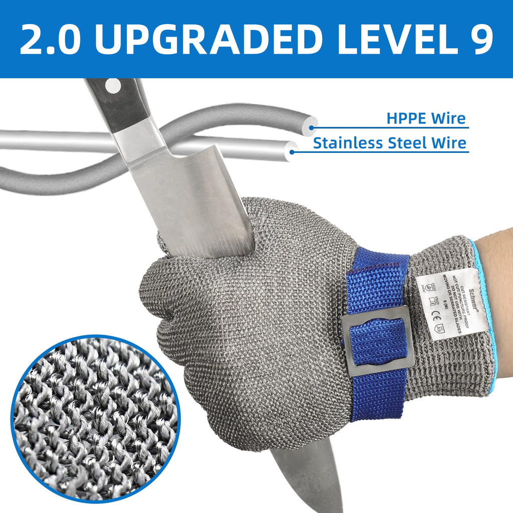 Schwer SlicePro ANSI A9 Cut Resistant Glove PR1707, Food Grade Stainless Steel Wire Metal Gloves, Cutting Gloves for Kitchen, Meat Cutting, Oyster Shucking, Fish Fillet（L, 2 PCS）