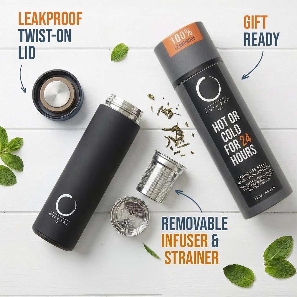 Pure Zen Tea Thermos with Infuser for Hot and Cold Infusions, Coffee and Fruit-Infused Water - Stainless Steel - Tea Infuser Bottle - Leakproof Travel Mug with Filter - 15oz - Black