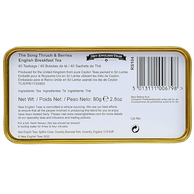 New English Teas Song Thrush and Berries Tea Tin in Pink with 40 English Breakfast Teabags