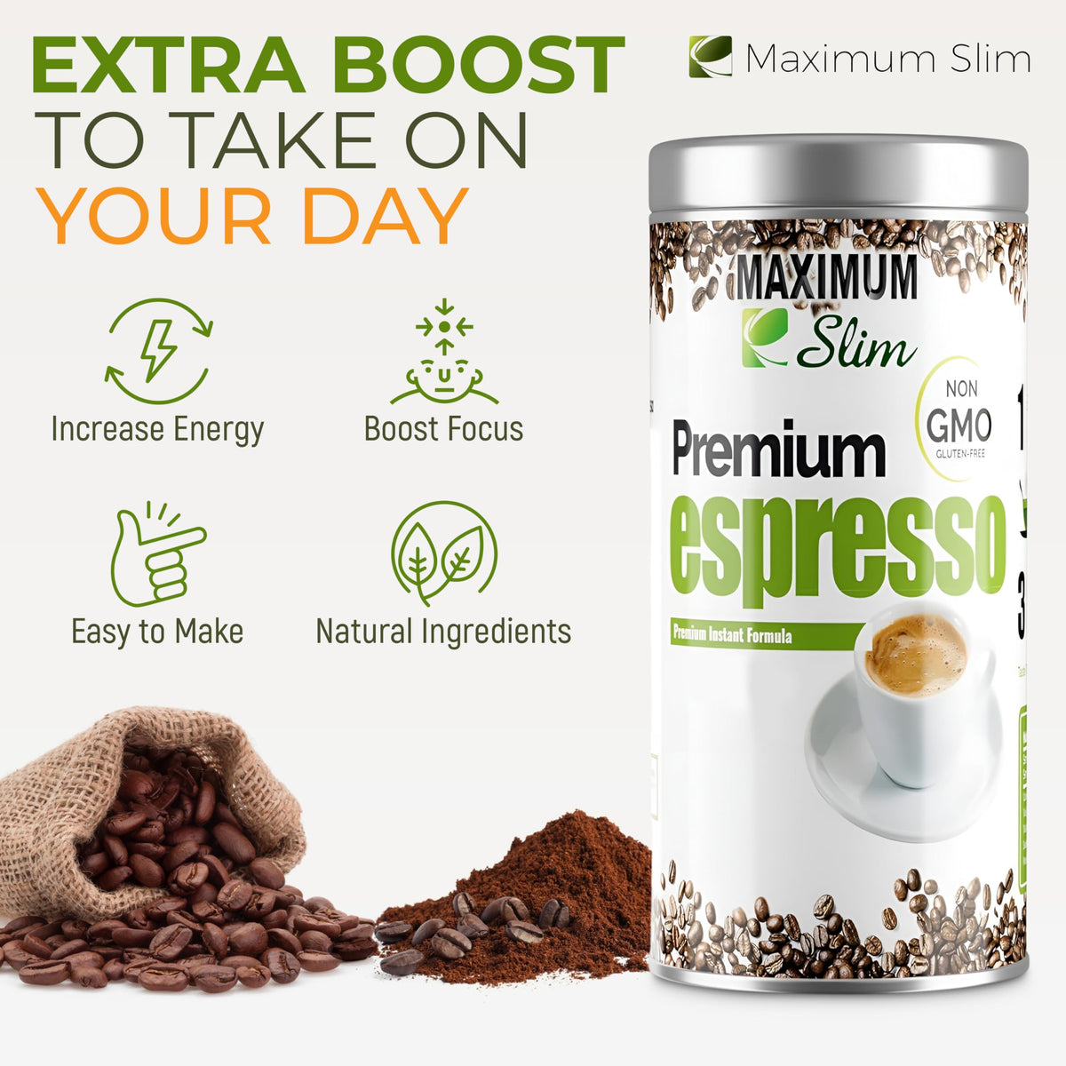 Maximum Slim Premio Instant Espresso Powder – Bold & Rich Flavor 100% Arabica Beans - Non-GMO, Gluten-Free – Premium Medium Roast Coffee 14.1 oz Resealable Jar = Café Instantáneo