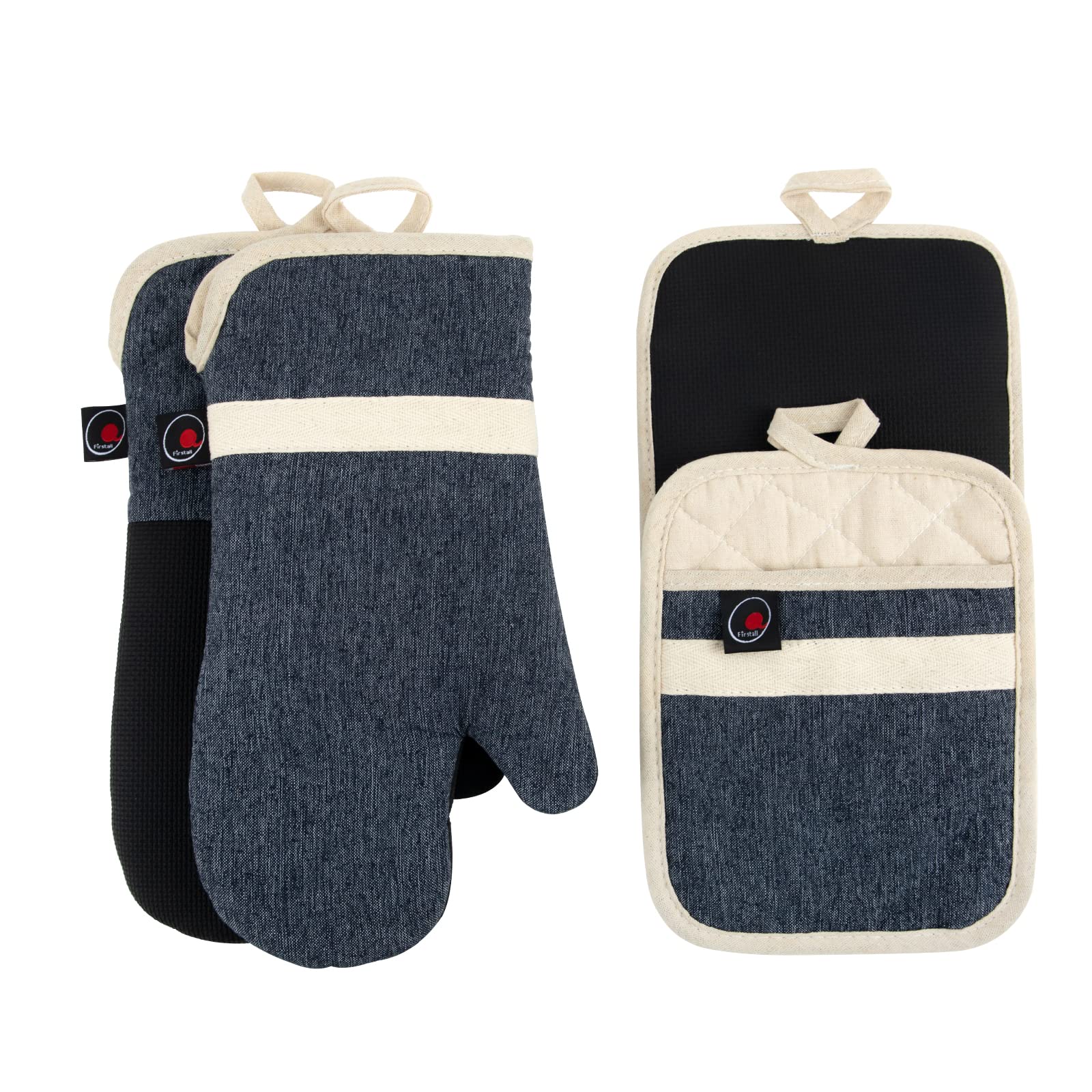 Oven Mitts and PotHolders Sets, 4 Pcs Kitchen Oven Glove High Heat Resistant 400°F Pot Holders for Kitchen, Non-Slip Neoprene Oven Mitts are Suitable for Cooking, Baking (Black)