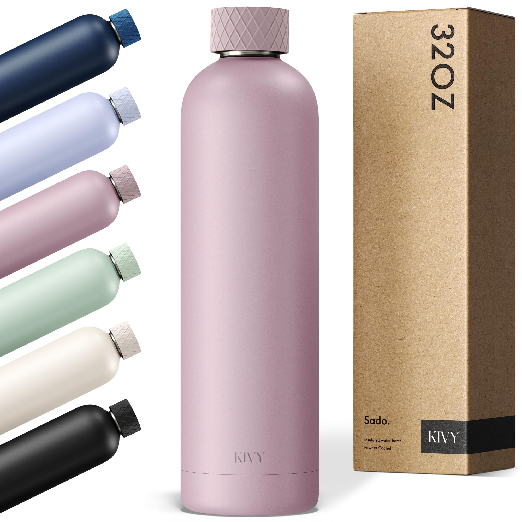 KIVY Stainless Steel Insulated Water Bottle 32oz | Slim Water Bottle for Travel, Car, Gym, Cupholder, Backpack side pocket - Slim water bottle no straw - Screw top