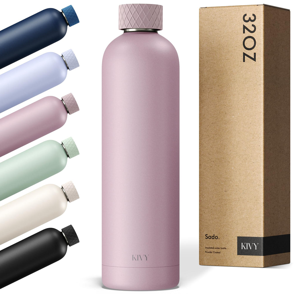 KIVY Stainless Steel Insulated Water Bottle 32oz | Slim Water Bottle for Travel, Car, Gym, Cupholder, Backpack side pocket - Slim water bottle no straw - Screw top