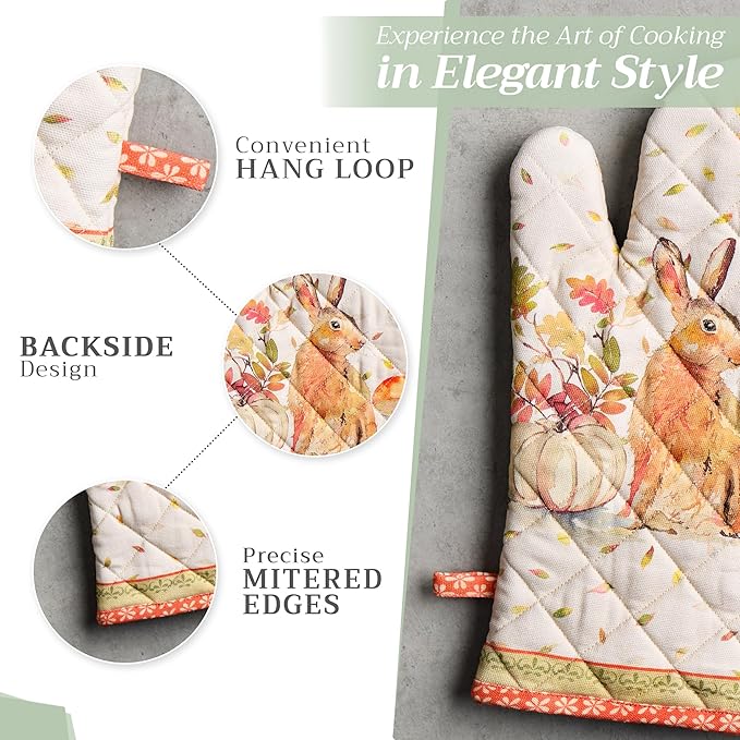 Maison d' Hermine 100% Cotton Oven Mitt & Pot Holder Set (7.5"x13" & 8"x8") Heat Resistant BBQ Cooking Gloves with Loop, Baking, Grilling, Kitchen, Handling Hot Pans (Pumpkin Passion)