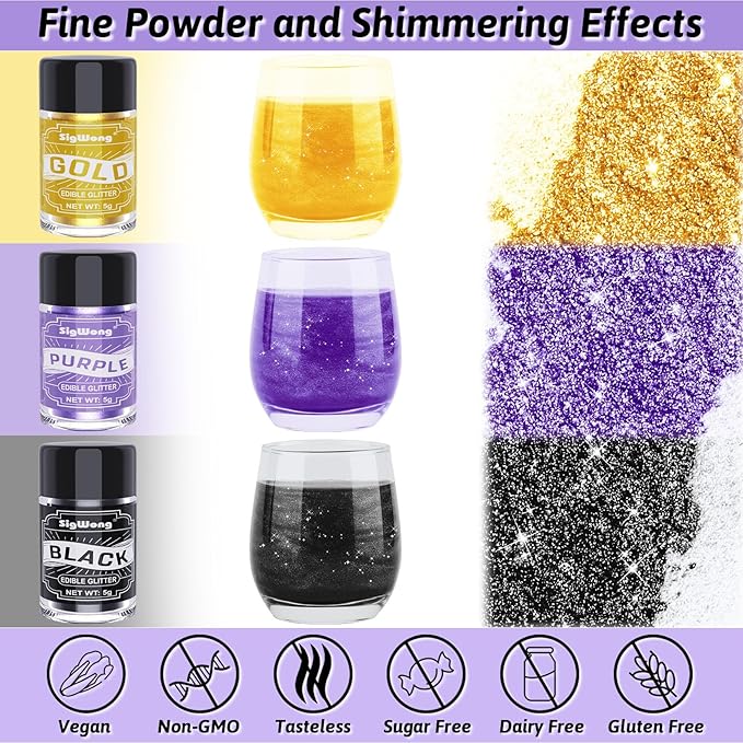 Edible Glitter Set, 3 Colors Luster Dust Edible Glitter, Food Grade Metallic Food Decorating Sprinkle Dust for Drinks Wine, Powder Glitter for Fondant, Chocolate, Candy, Cookie, 5g/0.18oz, Vegan