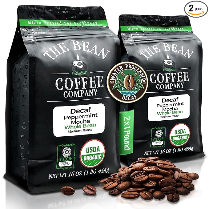 The Bean Organic Coffee Company Water Processed DECAF Peppermint Mocha, Medium Roast, Whole Bean Coffee, 16-Ounce Bags (Pack of 2)
