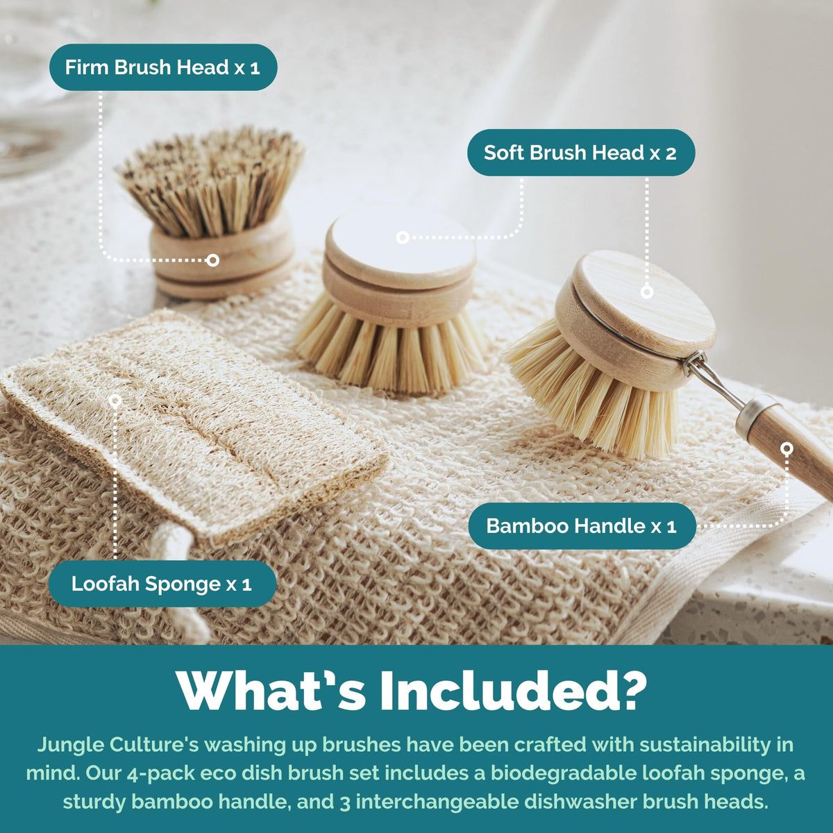 JUNGLE CULTURE Bamboo Dish Brush • 3 Swap Heads & Loofah Sponge • 4 Piece