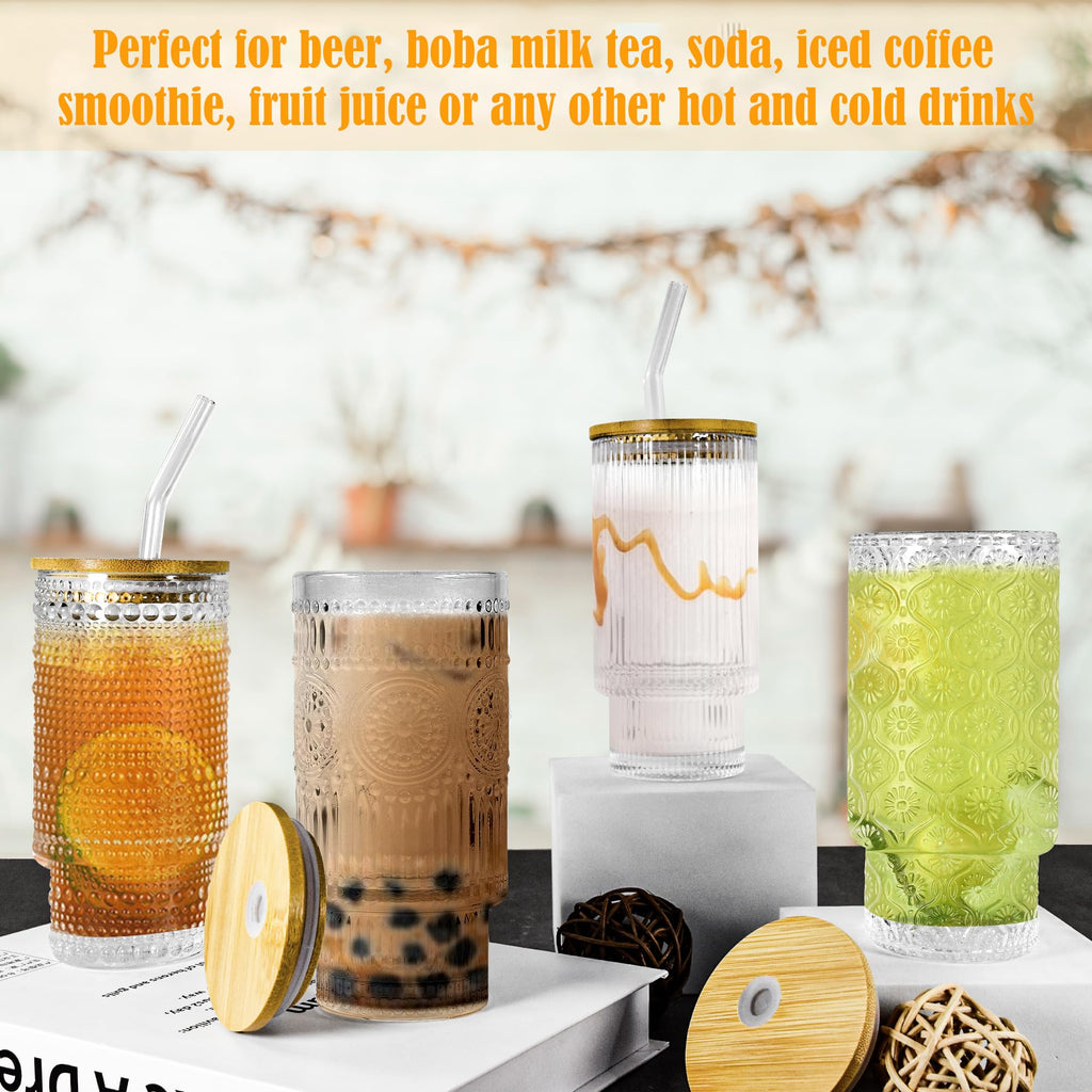 Icesip Glass Cups with Lids and Straws 16 oz Ribbed Drinking Glasses Set