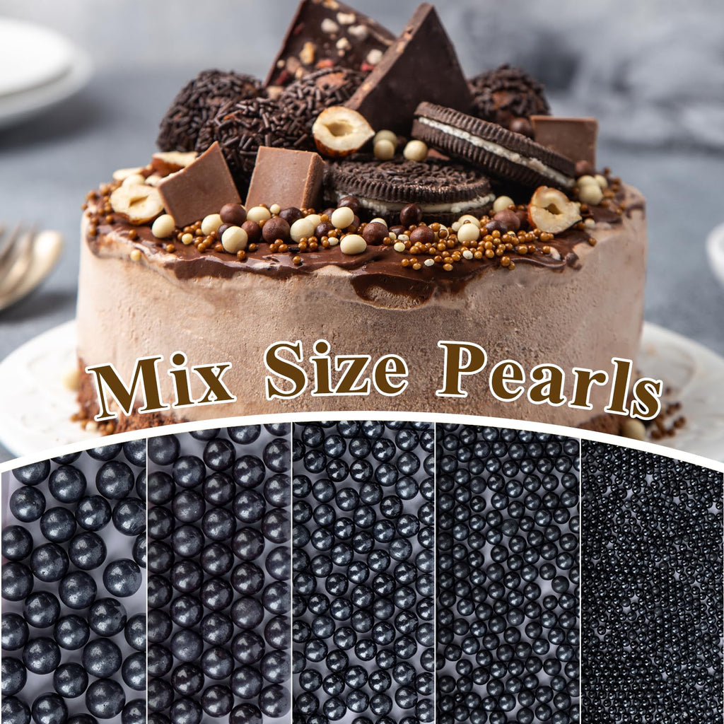 Twisweet Black Pearl Sprinkles for Cake Decorating, Edible Sugar Pearls for Baking, Mix Size, Cake Topper Cupcake Cookie Ice Cream Dessert Decorations, Halloween Birthday Christmas Supplies (130g/4.58oz)