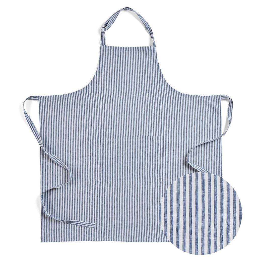 Solino Home 100% Linen Apron, 38 x 36 in, Navy and White, Full Midi Apron