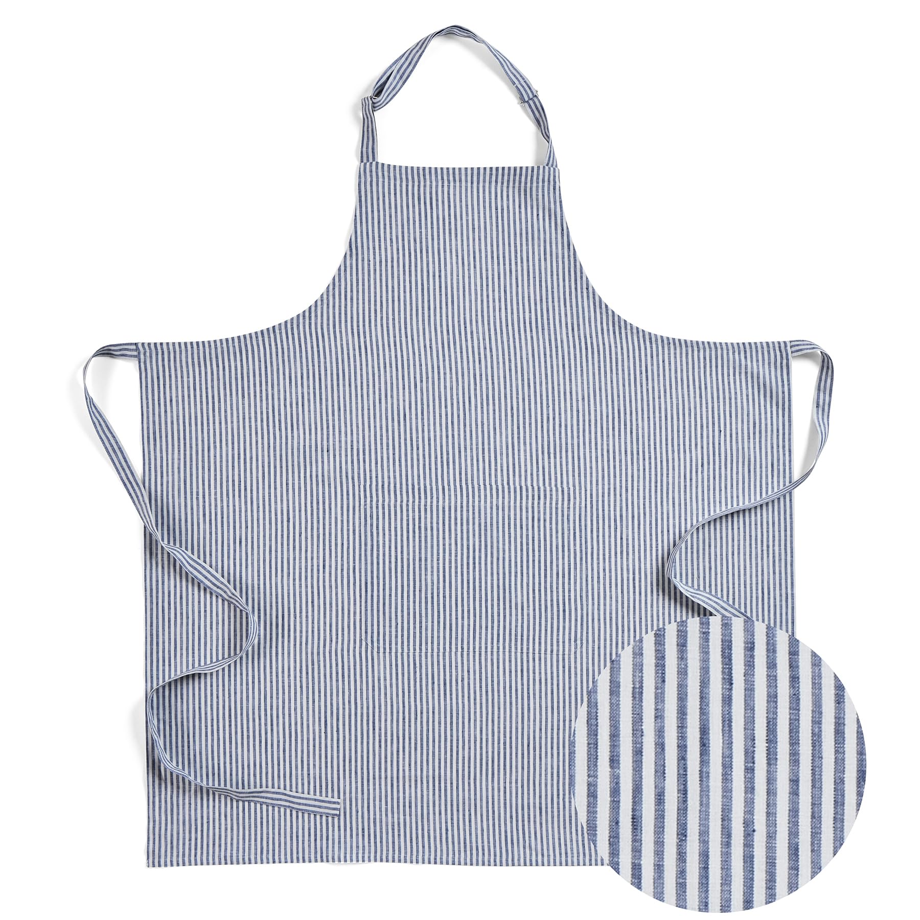 Solino Home 100% Linen Apron, 38 x 36 in, Navy and White, Full Midi Apron