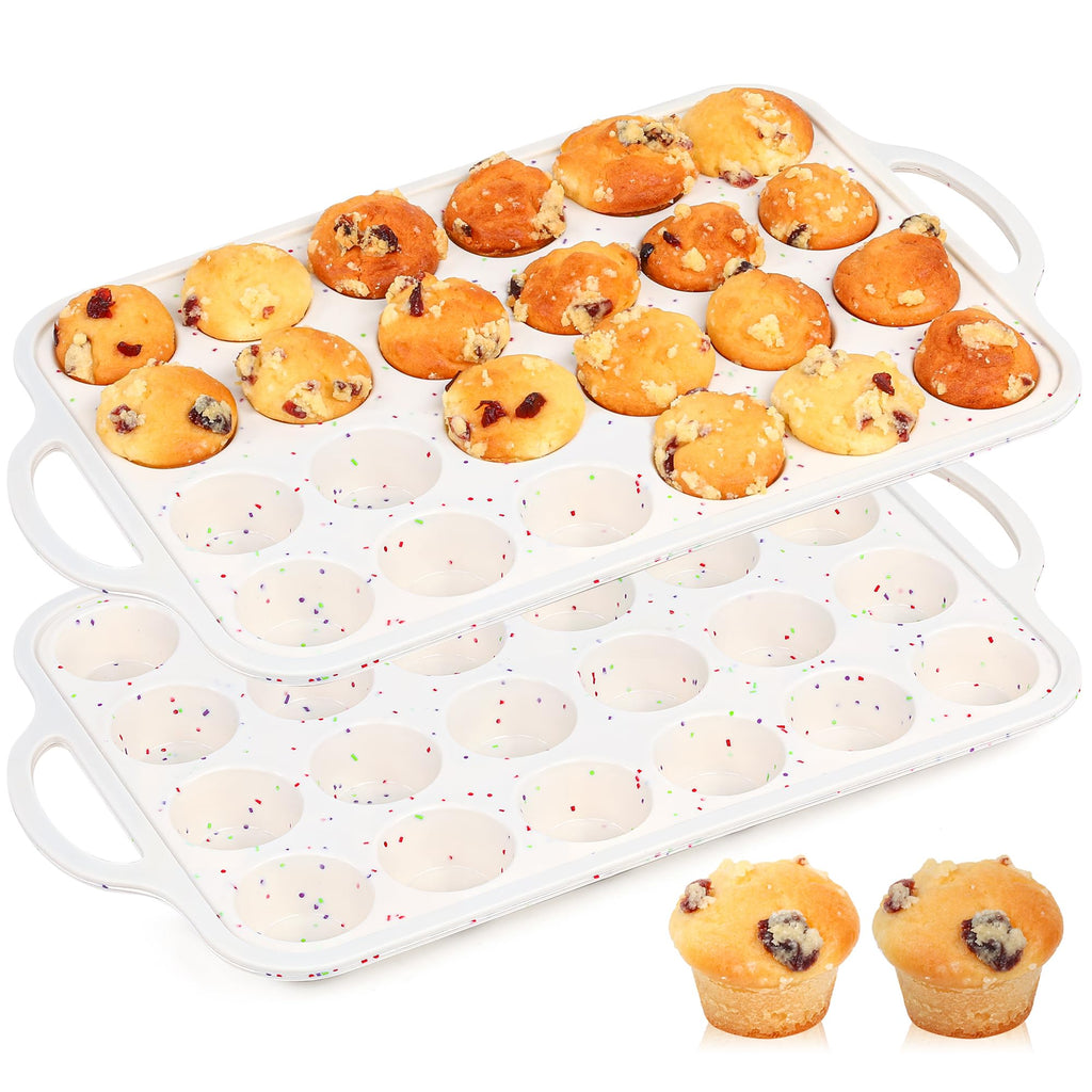 AOTASO 2 Pcs Mini Muffin Pans with Metal Reinforced Frame, 24 Cups Nonstick Silicone Cupcake Tray for Baking, Food Grade Small Muffin Molds with Handles (Cream)