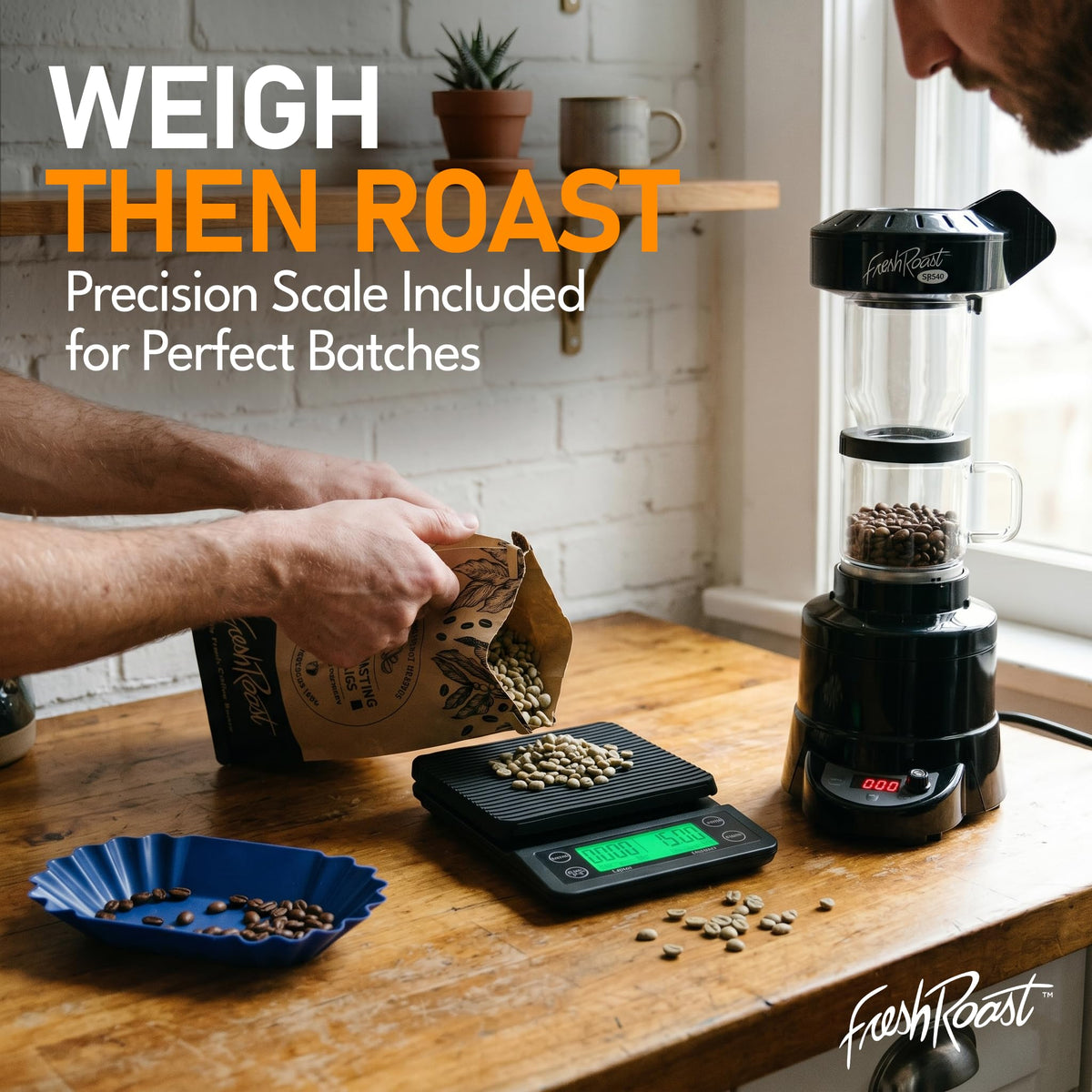 Fresh Roast SR540 Coffee Roaster Bundle with Glass Extension Tube, Digital Coffee Scale & Green Coffee Beans