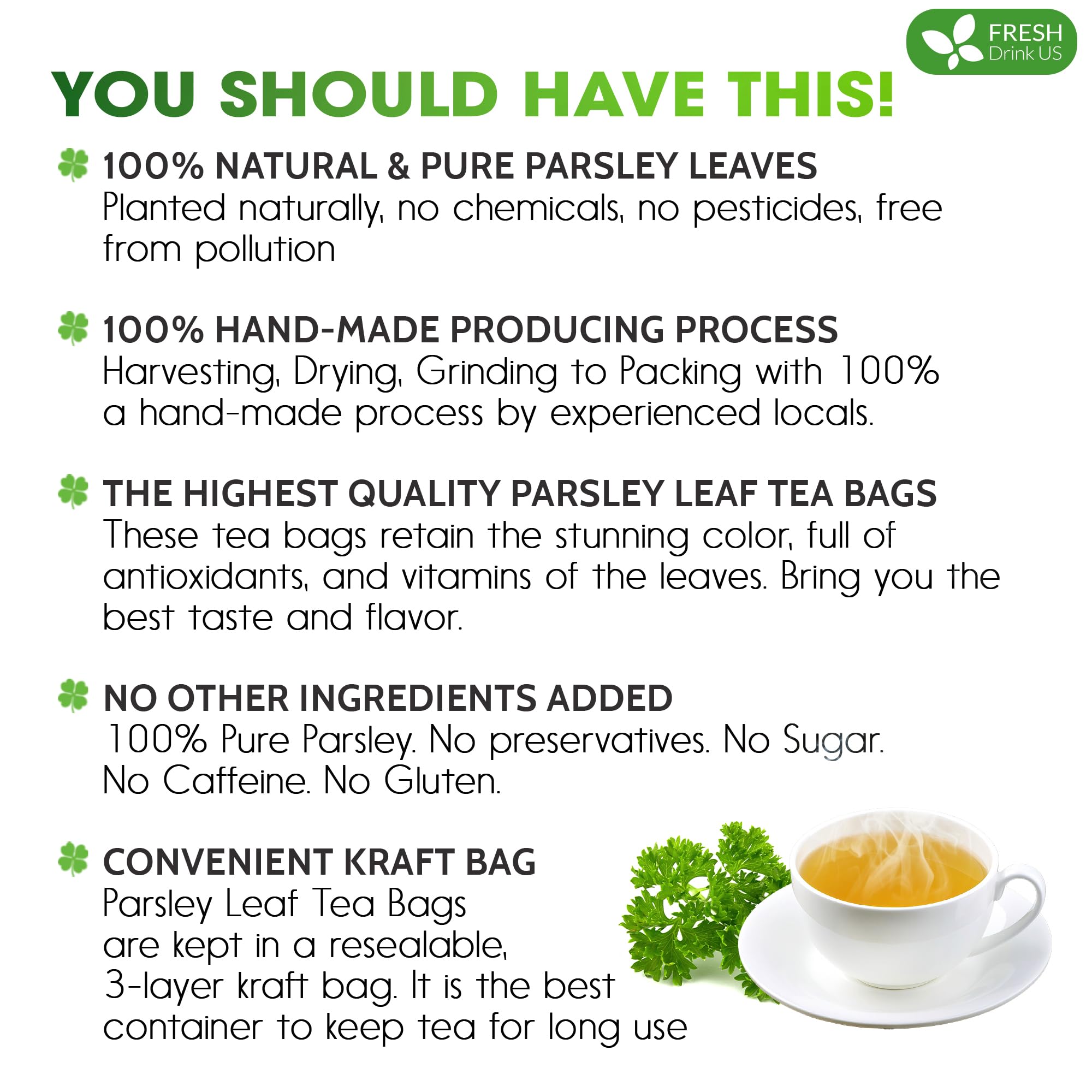 FreshDrinkUS, Premium Parsley Leaf Tea - 135 Bags, 100% Natural & Pure. Made with Eco-Conscious Tea Bags. No Sugar, No Caffeine, No Gluten, Vegan.