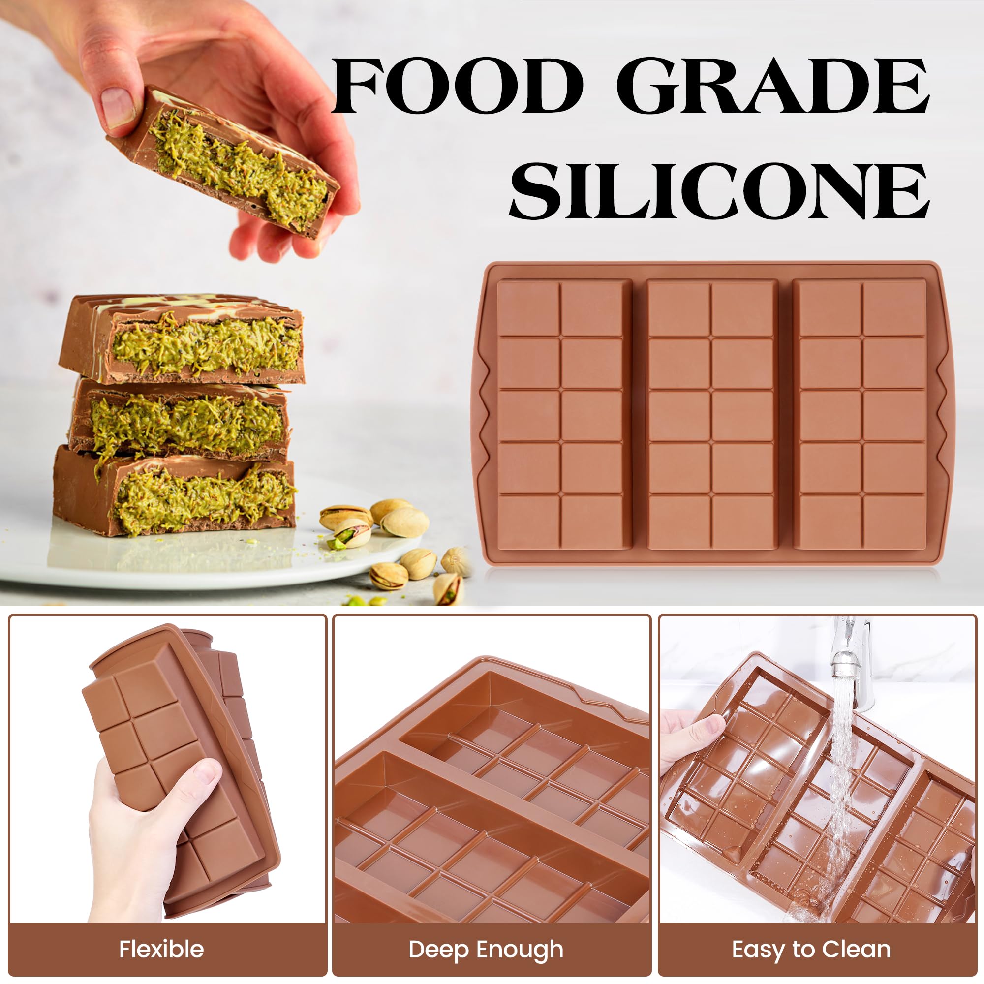 KASHME 4 Pcs Chocolate Bar Mold Deep Dubai 0.85 Inch Stuffed Chocolate Molds Silicone Large Break Apart Silicone Molds (10 Snap + 5 Snap）