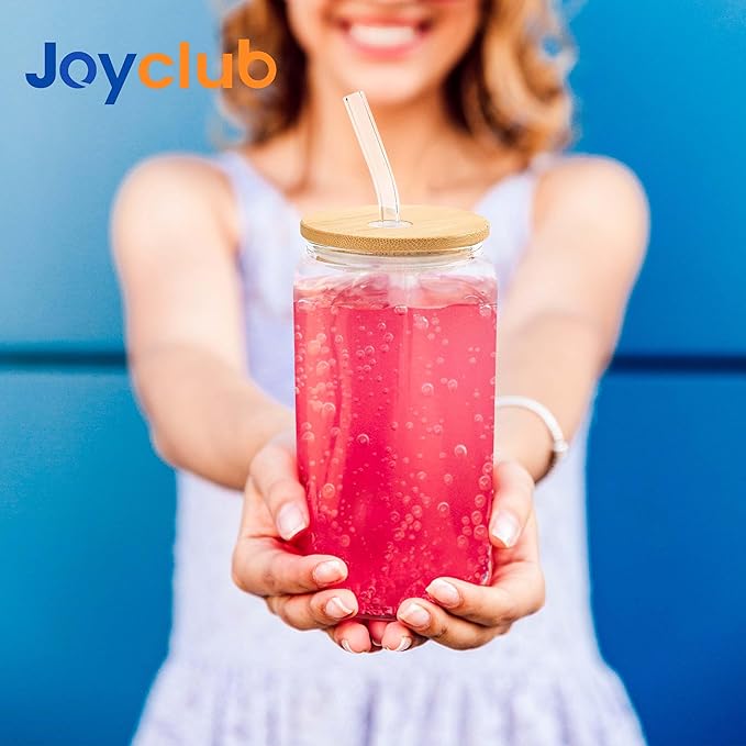 Joyclub Glass Cups with Bamboo Lids and Straws 6 Set 16 oz Reusable Iced Coffee Cup Beer Can Drinking Jars for Smoothie Whiskey Boba Soda Tea Gift