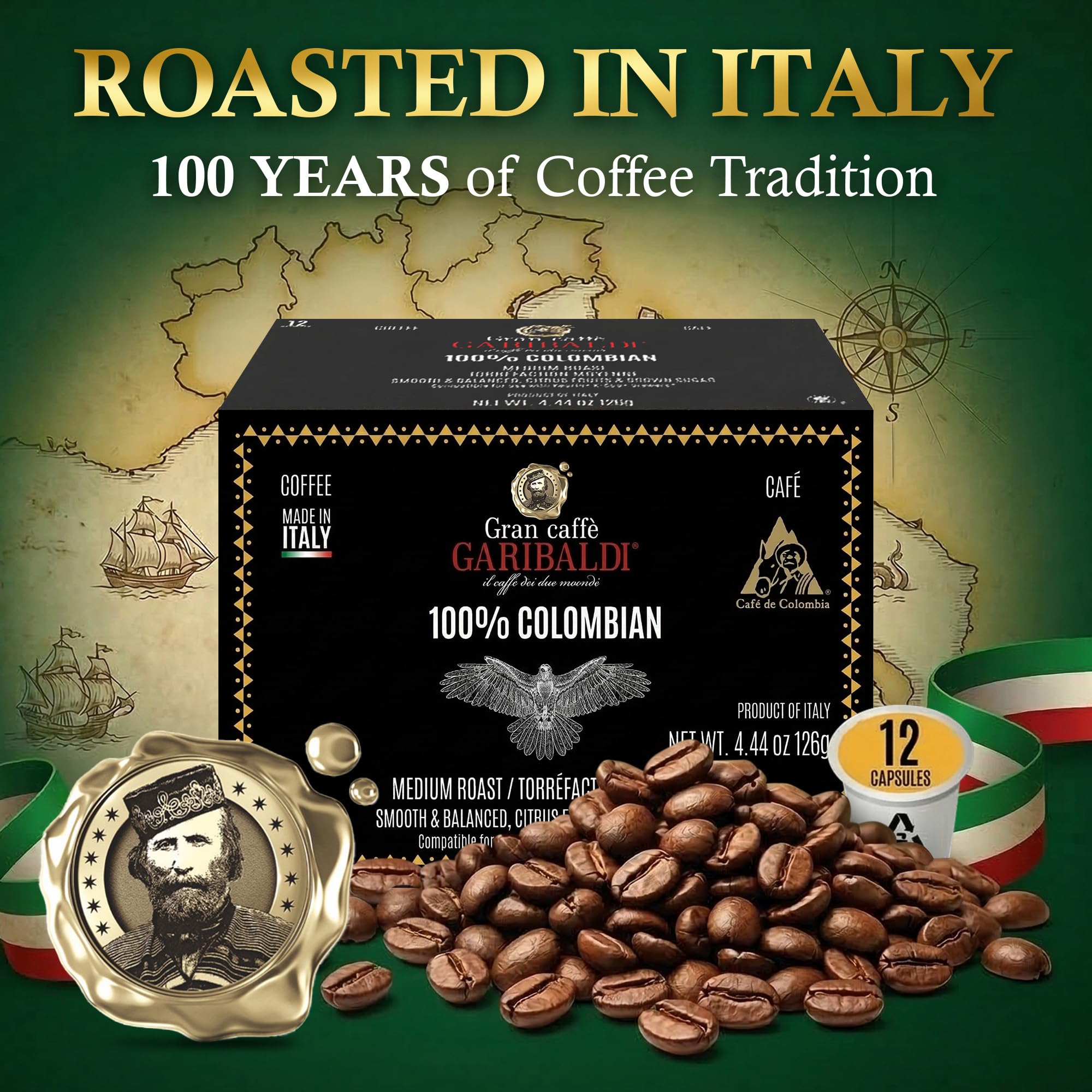 Caffè Garibaldi Colombian Coffee Pods, Medium Roast Arabica 12 Count K Cups