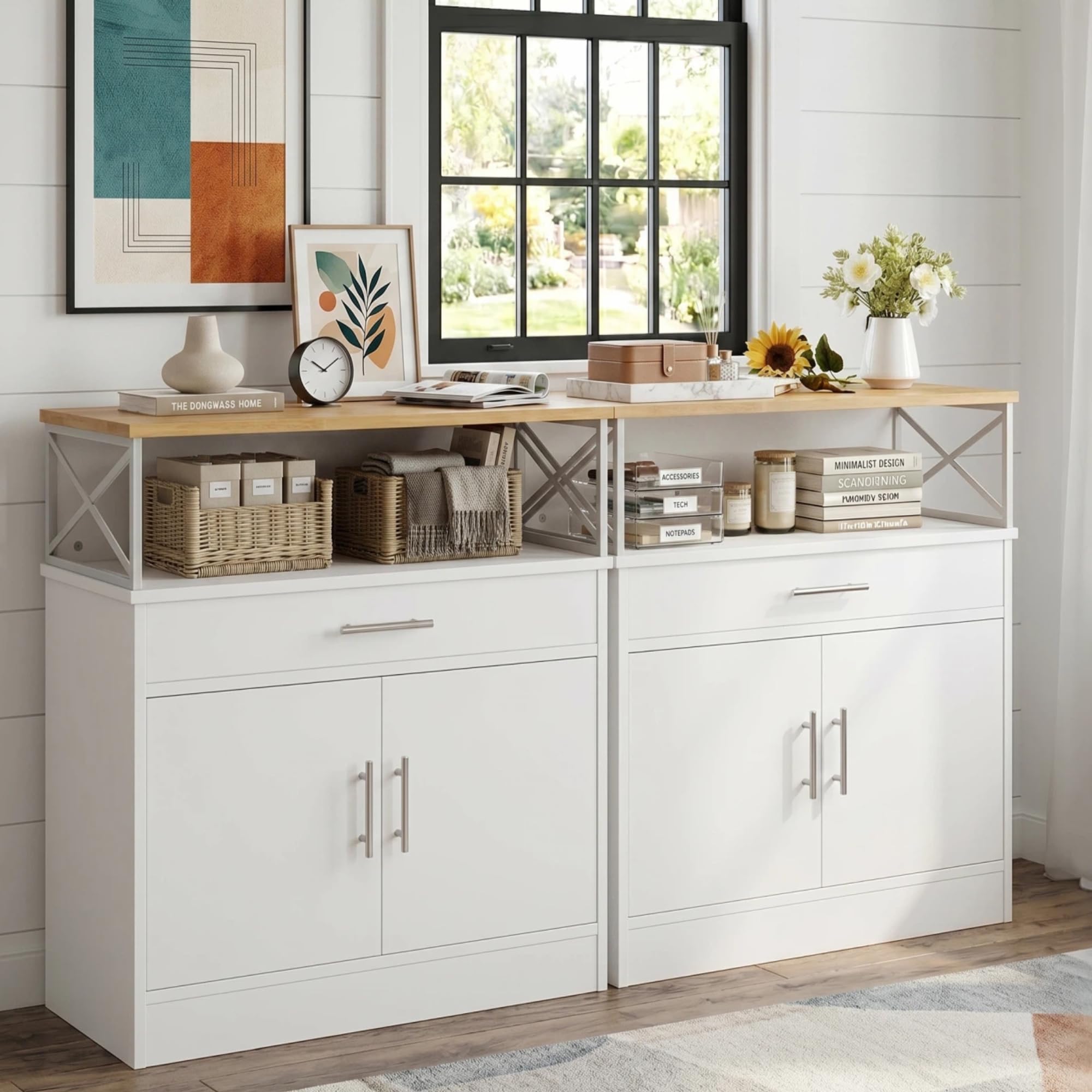 Vongrasig Coffee Bar Cabinet, Farmhouse Kitchen Storage Cabinet with Adjustable Shelf, 31“ Modern Sideboard Buffet Table for Kitchen, Dining Room, White