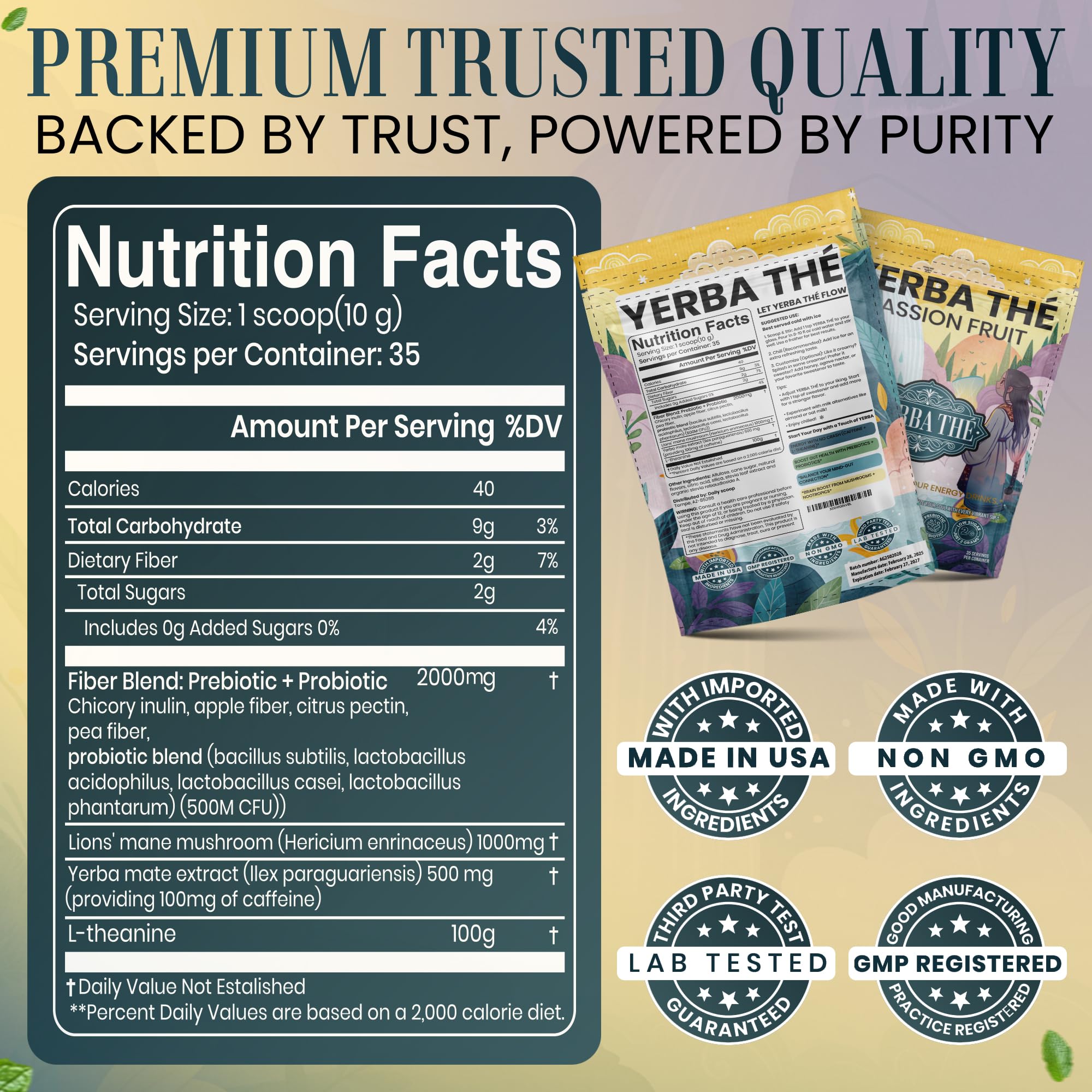 Yerba Mate Powder - Clean Energy & Focus - Organic Yerba Mate Tea 350g - Supports Gut Health with Probiotics & Prebiotics, Brain Fog Relief, Focus & Relaxation - Passion Fruit Flavor, 35 Servings