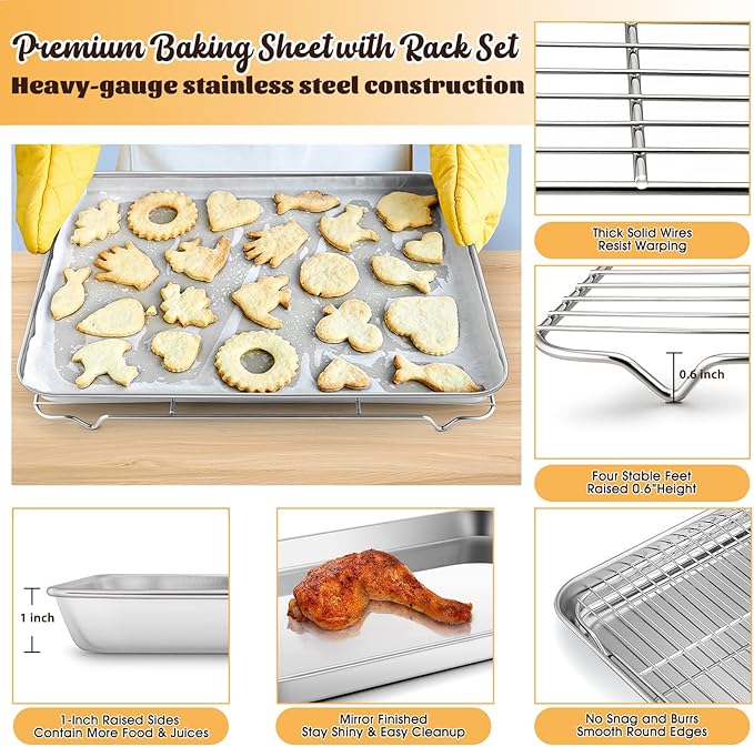 E-far Cookie Sheet with Rack Set, Half Sheet Baking Pan for Oven Cooking, 18”x13” Stainless Steel Rimmed Tray with Wire Cooling Rack for Roasting Broiling Bacon Meat Steak - Dishwasher Safe