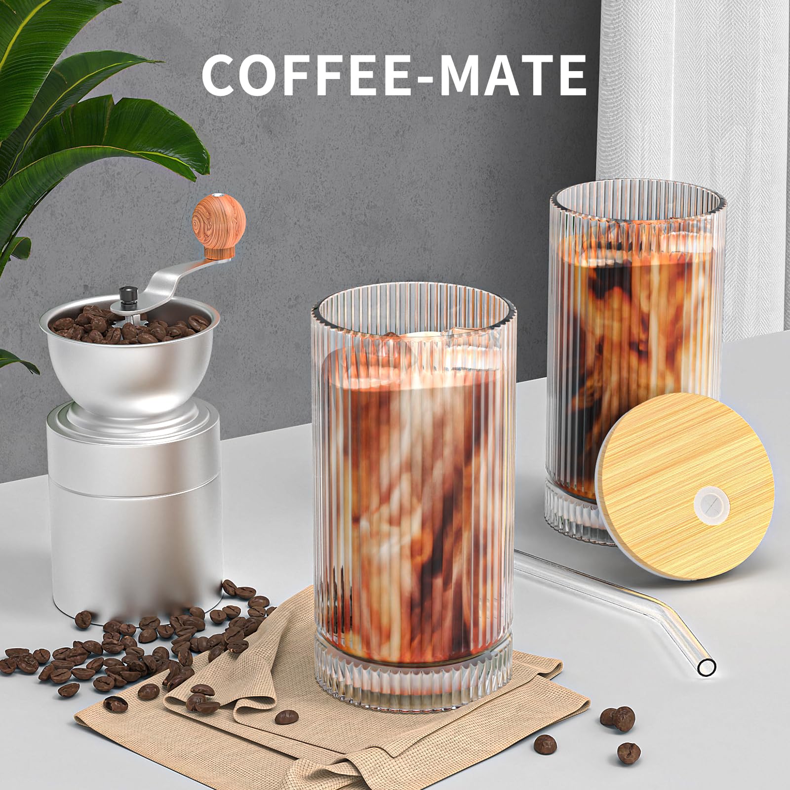 15 Oz Glass Cups with Lid and Straw, Iced Coffee Cups with Lid, Vintage Glassware for Whiskey Cocktail Beer (2 PACK)