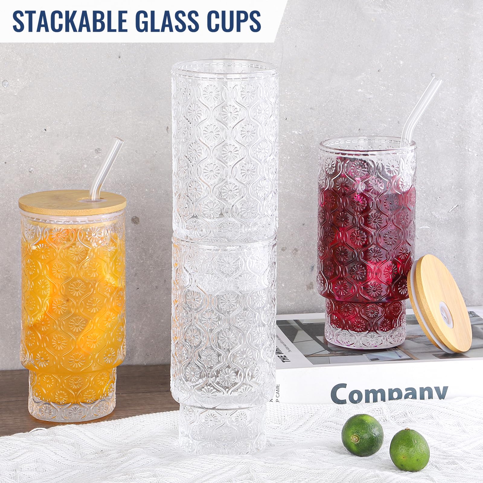 16 Oz Glass Cups Set of 2, Vintage Embossed Floral Glass Tumbler, Iced Coffee Cups with Lid, for Whiskey Cocktail Beer (2 PACK)