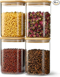 41oz Airtight Glass Square Storage Canister with Bamboo Lid Set of 4 (1200ml) Container Stackable Jar, Kitchen Canister for Pantry Noodles, Flour and Coffee beans (‎with Black Lable)