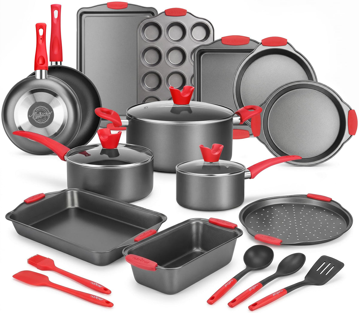 NutriChef 3‑Piece Nonstick Cookie Sheets – Carbon Steel Baking Sheet Set with Non Stick Coating & Red Silicone Handles – Oven Pans for Family Baking
