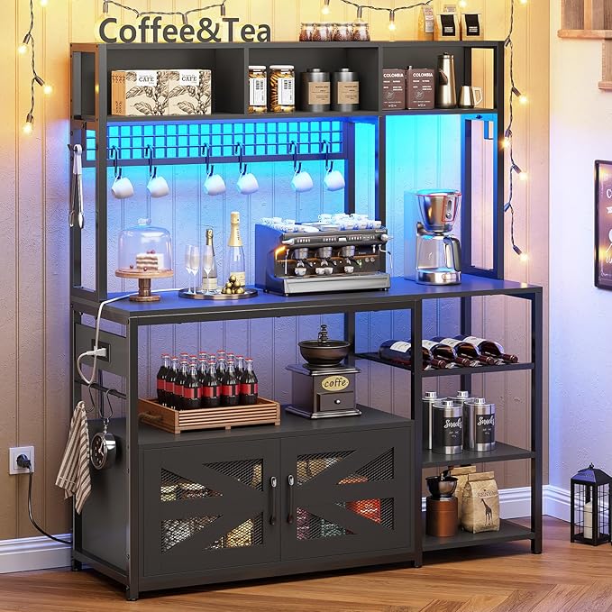 Itaar 47.2 Inch Bakers Rack with Power Outlet, Microwave Stand with Storage, Farmhouse Coffee Bar Cabinet Station with Wine Rack, Iron Grid and 8-S Hooks (Black)