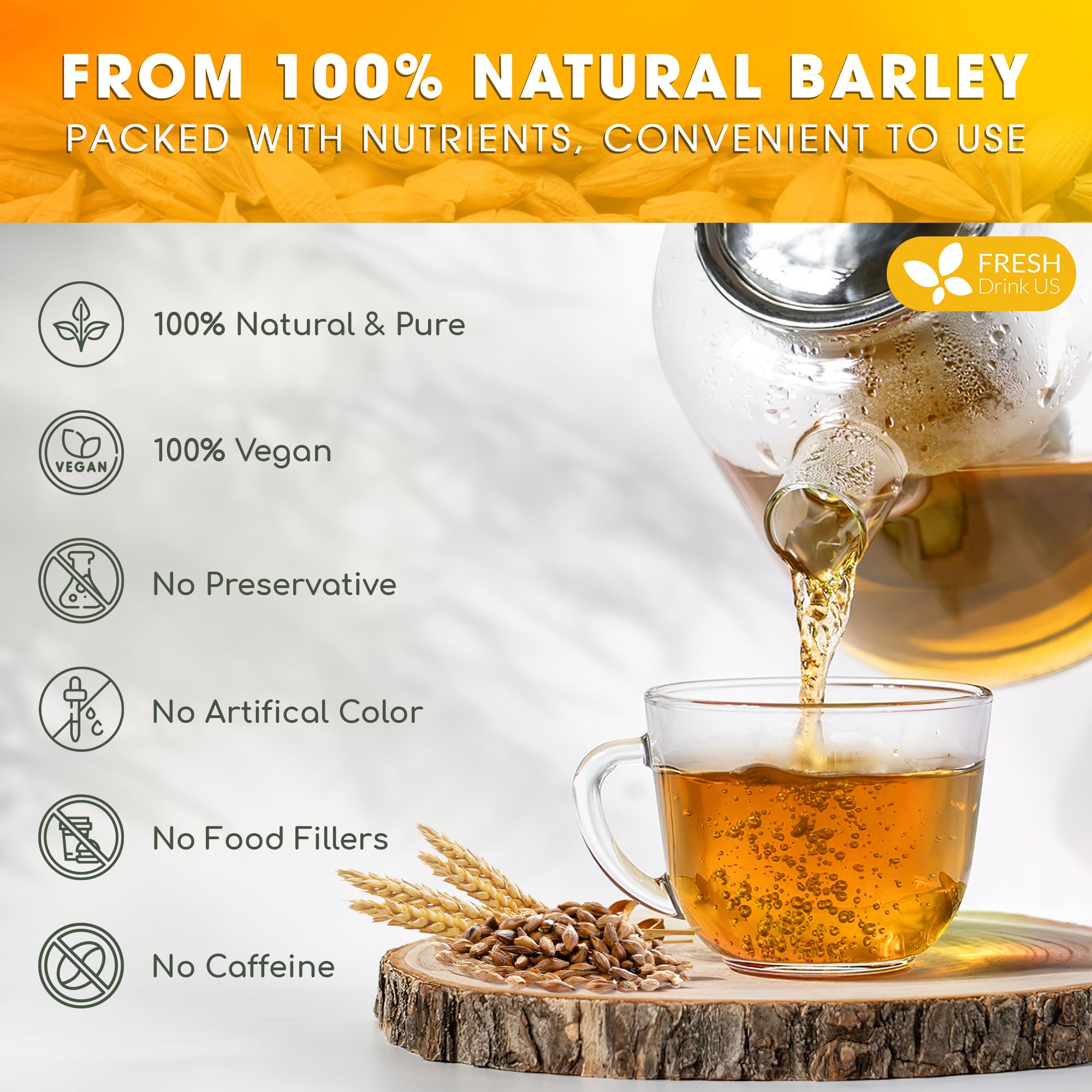 FreshDrinkUS, Premium 50 Barley Tea Bags, 100% Natural & Pure from Barley. Herbal Tea. Made with Natural Material Tea Bags. No Sugar, No Caffeine, No Gluten, Vegan.