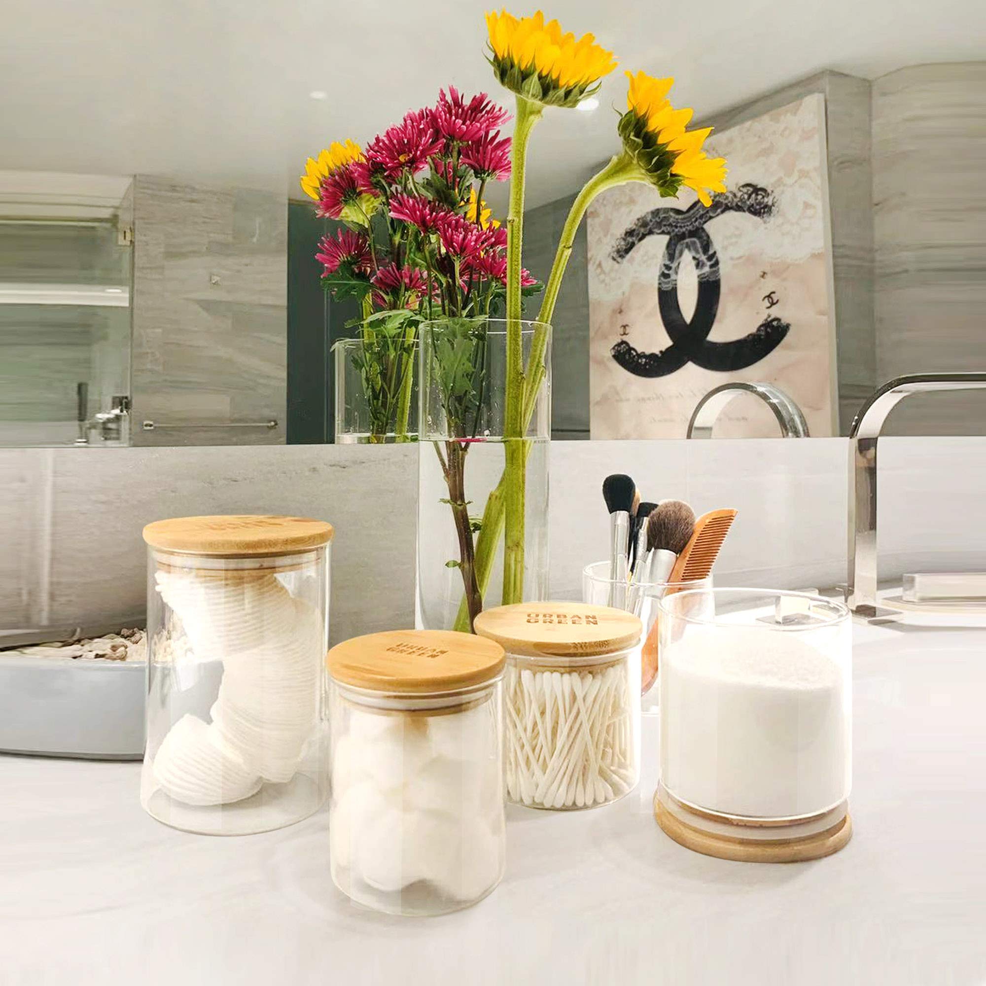 Urban Green Glass Jars with Airtight Lids, Airtight Glass Canisters with Locking Lids, (Bamboo-20oz-30oz)