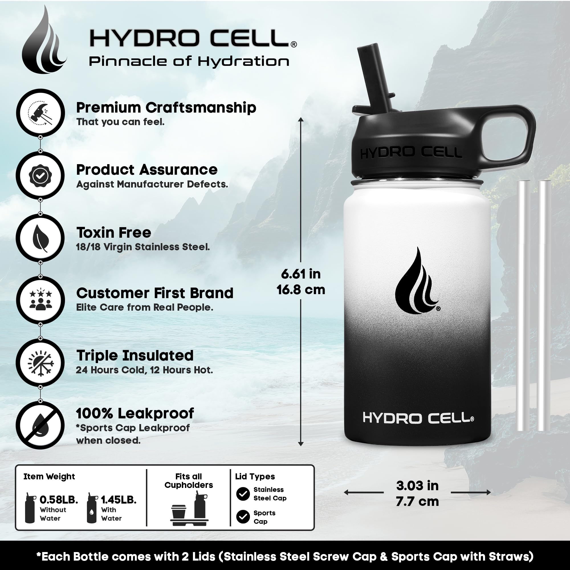 HYDRO CELL Stainless Steel Insulated Water Bottle with Straw - For Cold & Hot Drinks - Metal Vacuum Flask with Screw Cap and Modern Leakproof Sport Thermos for Adults (Black/White 14oz)