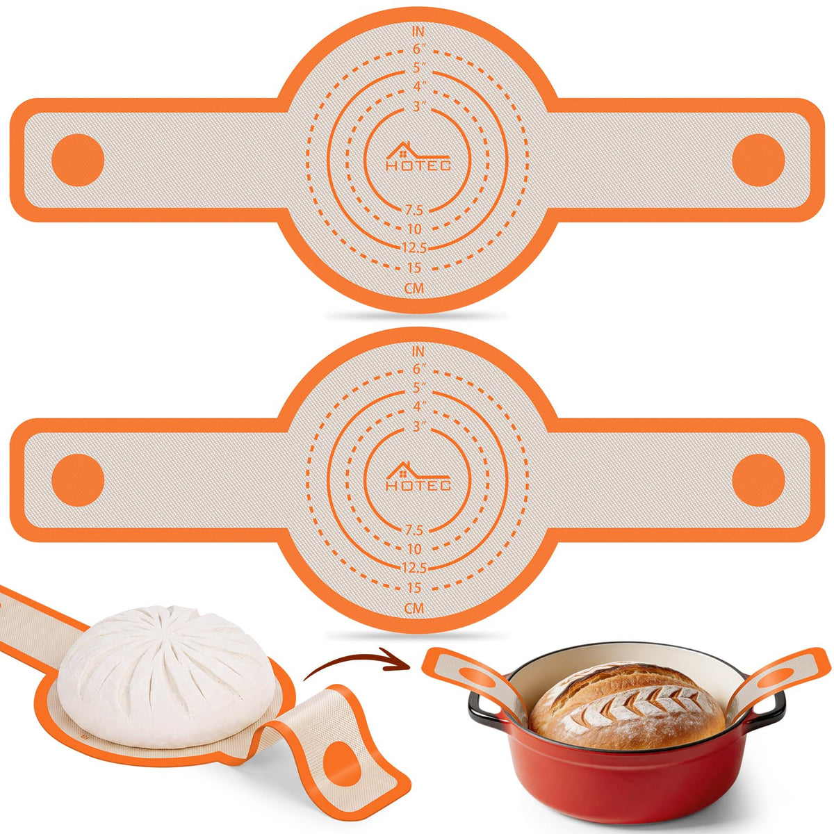 HOTEC 2 Pcs Silicone Bread Sling for Dutch Oven, 0.7MM Thickened Heat Resistant to 500°F Non-Stick Baking Mat with Long Handle Easy to Transfer Sourdough Bread, Dutch Oven Liners Baking Supplies