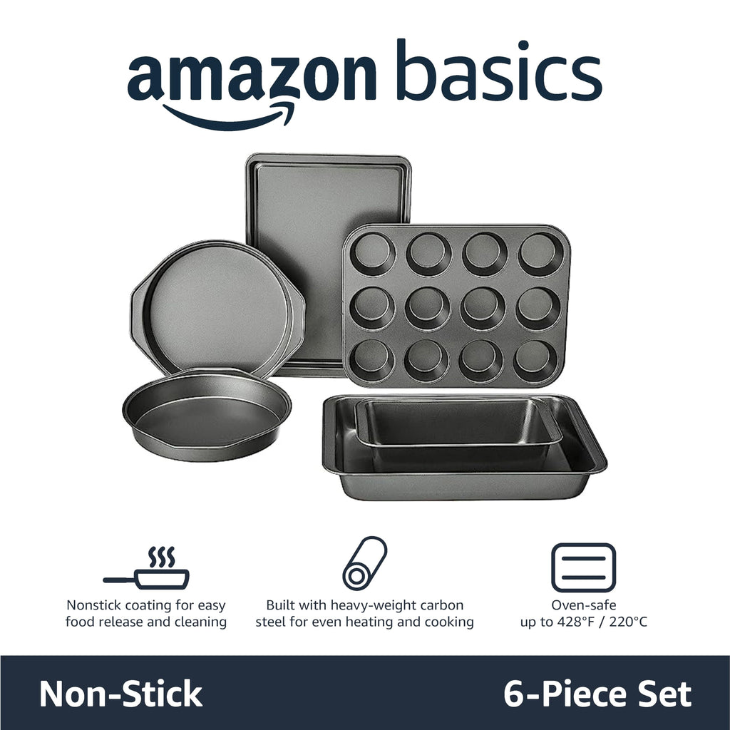 6 Piece Nonstick Carbon Steel Bakeware Set with Cake, Muffin, Cookie, and Loaf Pans, Easy Release, Oven Safe, 16.25 x 11.75 x 6.25 inches