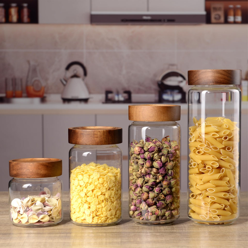 MOLADRI 40 fl oz/1200 ml Glass Jar with Airtight Wooden Screw Top Lid, Clear Stackable Food Storage Canister, Large Tall Decorative Glass Container for Coffee, Candy, Cookie, Sugar, Oatmeal, Pasta