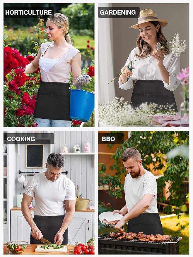Syntus 3 Pack Server Aprons with 3 Pockets, 100% Cotton Waitress Waiter Waist Apron, 11.5-inch Black