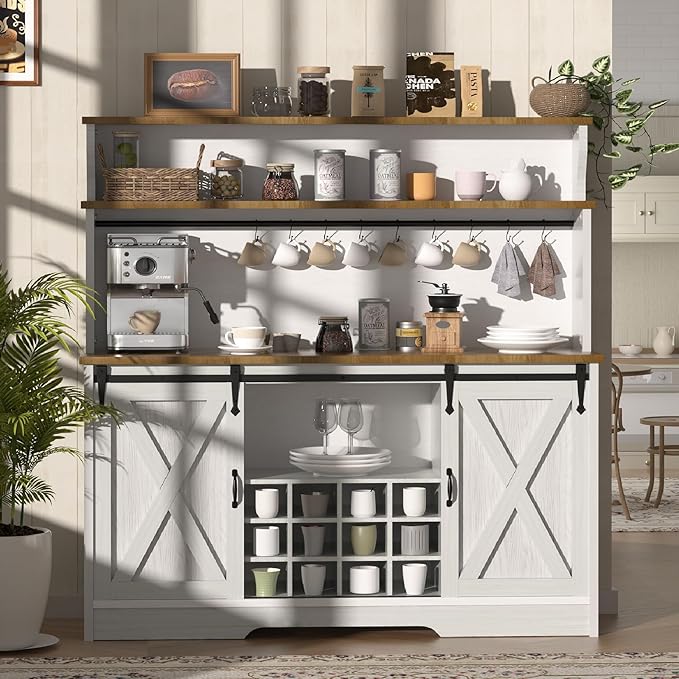 55'' Farmhouse Coffee Bar Cabinet with 3 Tier Storage Hutch, Coffee Bar Station with Sliding Barn Door, Hutch Storage Cabinet with 12 Wine Racks & 9 Hooks for Kitchen Dining Living Room