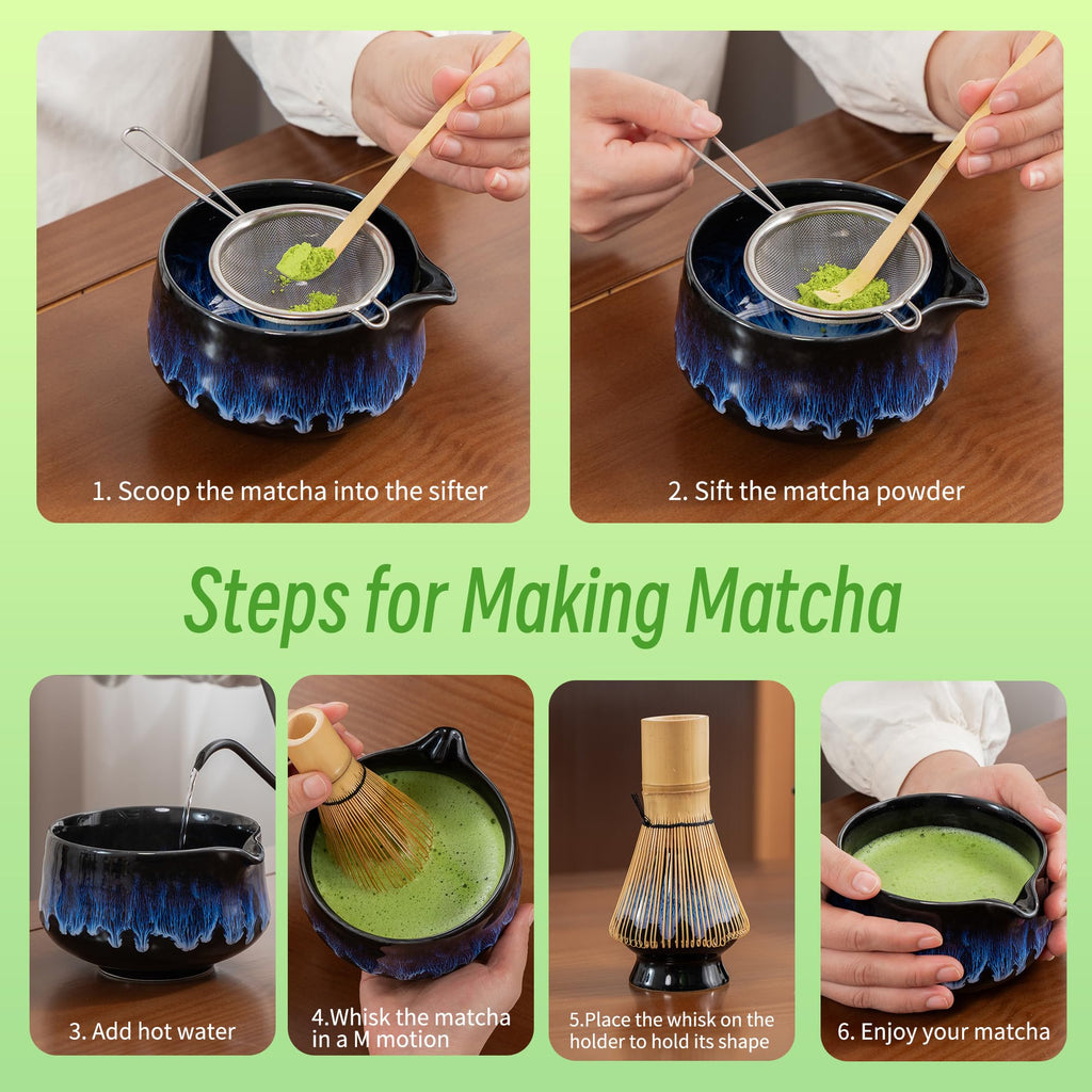 TEANAGOO 7 Pcs Matcha Whisk Set,Matcha Set for Ceremony,Matcha Kit Junware-Blue,Matcha Tea Set for Making Breakfast/Latte,Ceramic Bowl(chawan) whith Spout and Whisk,Gift for Matcha Lover