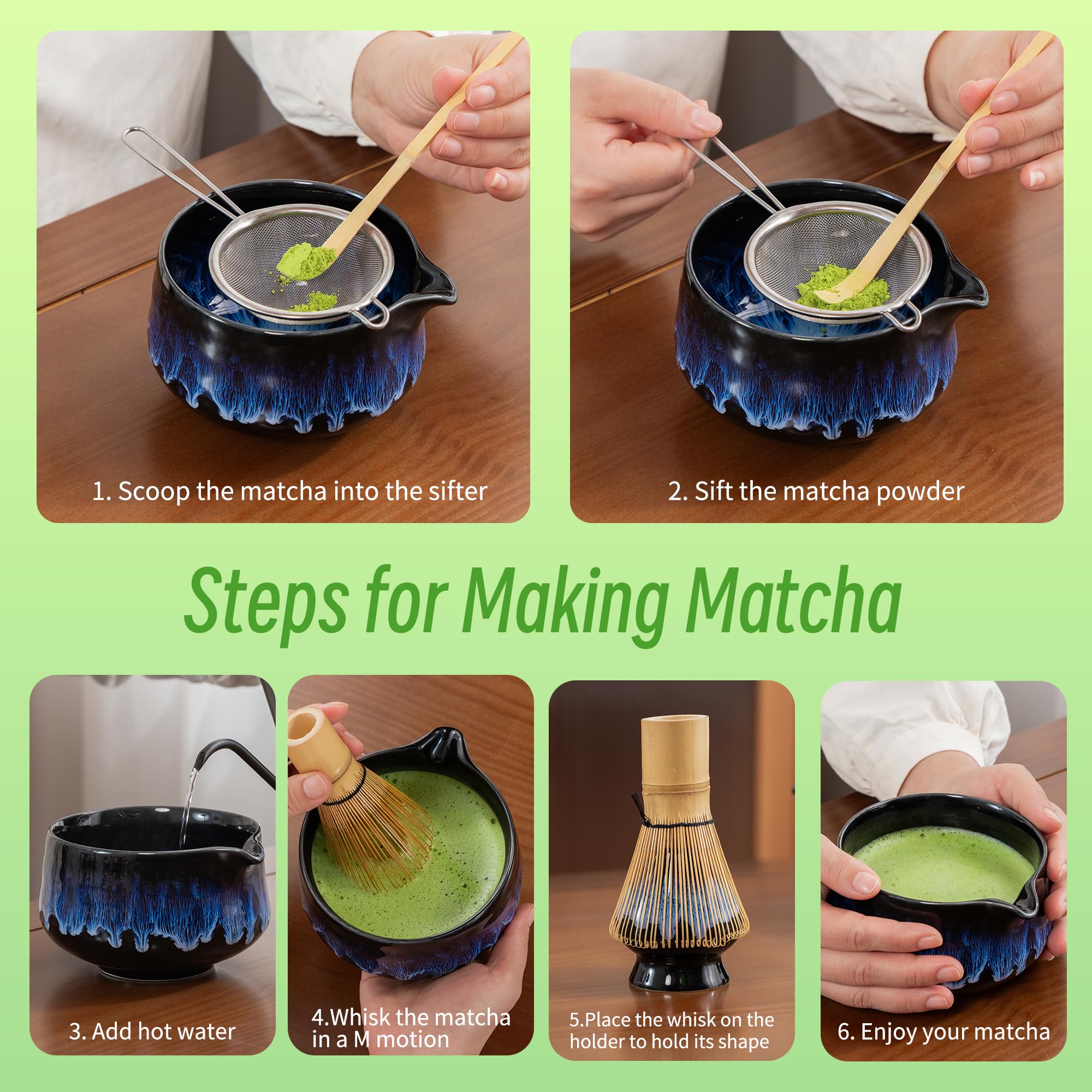 TEANAGOO 7 Pcs Matcha Whisk Set,Matcha Set for Ceremony,Matcha Kit Junware-Blue,Matcha Tea Set for Making Breakfast/Latte,Ceramic Bowl(chawan) whith Spout and Whisk,Gift for Matcha Lover