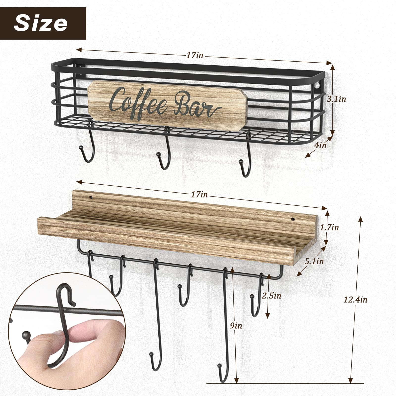Filano Coffee Cup Holder 2 Pack Coffee Bar Shelf with 12 Mug Hooks, Mug Organizer Floating Mug Racks for Wall, Coffee Cup Display Hanger Pods Holder, Farmhouse Coffee Bar Decor Kitchen Accessories
