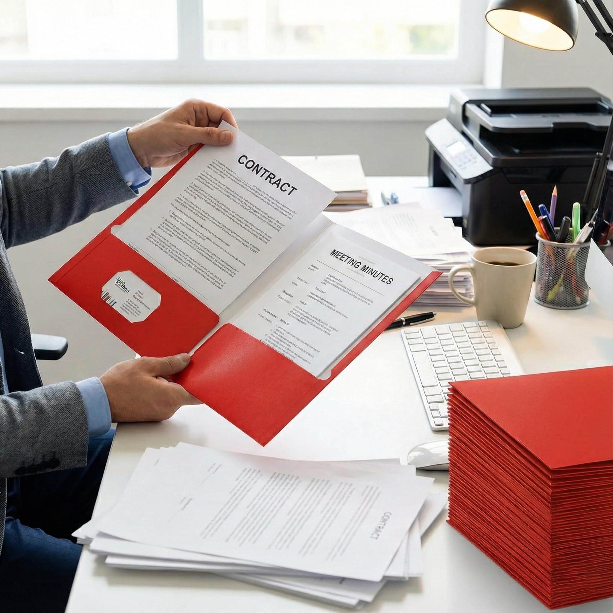 Zzrywuty File folders with Pockets,Red Two folders for documents,25 Pack Paper Folders with Card Slot,Letter Size,School Students,Business,Home and Office Workers