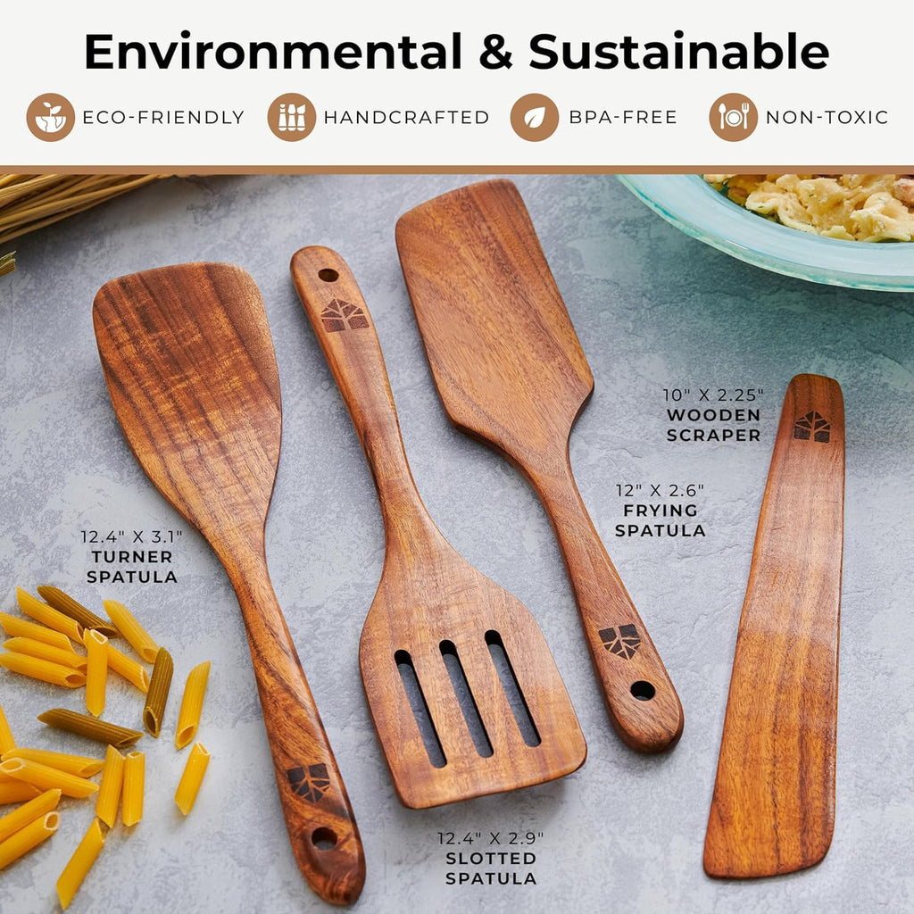Wooden Spatula for Cooking, Teak Wood Set of 4 for Non Stick Frying Pan