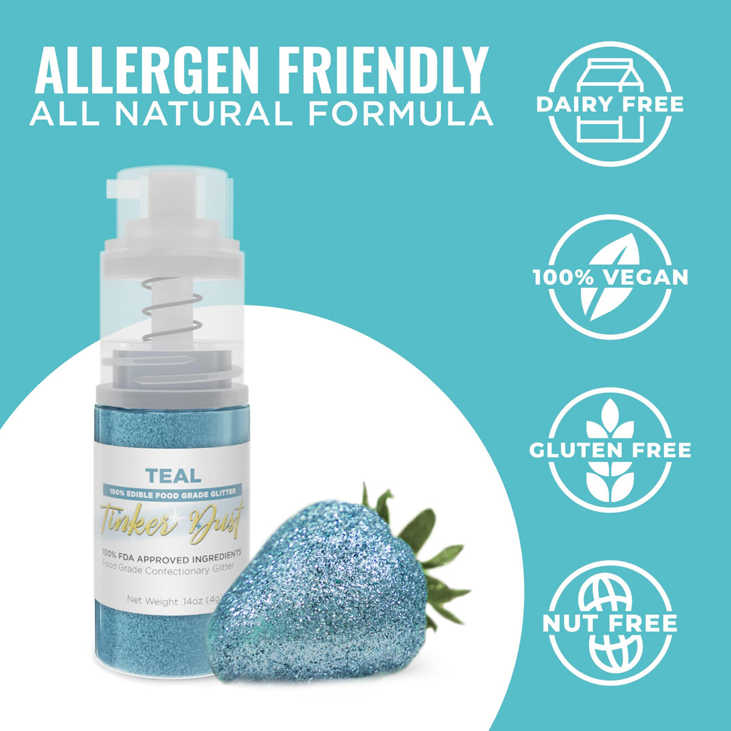 Bakell - Teal Tinker Dust (4g, 1x Mini Spray Pump) Edible Glitter for Food, Desserts, and Baked goods!