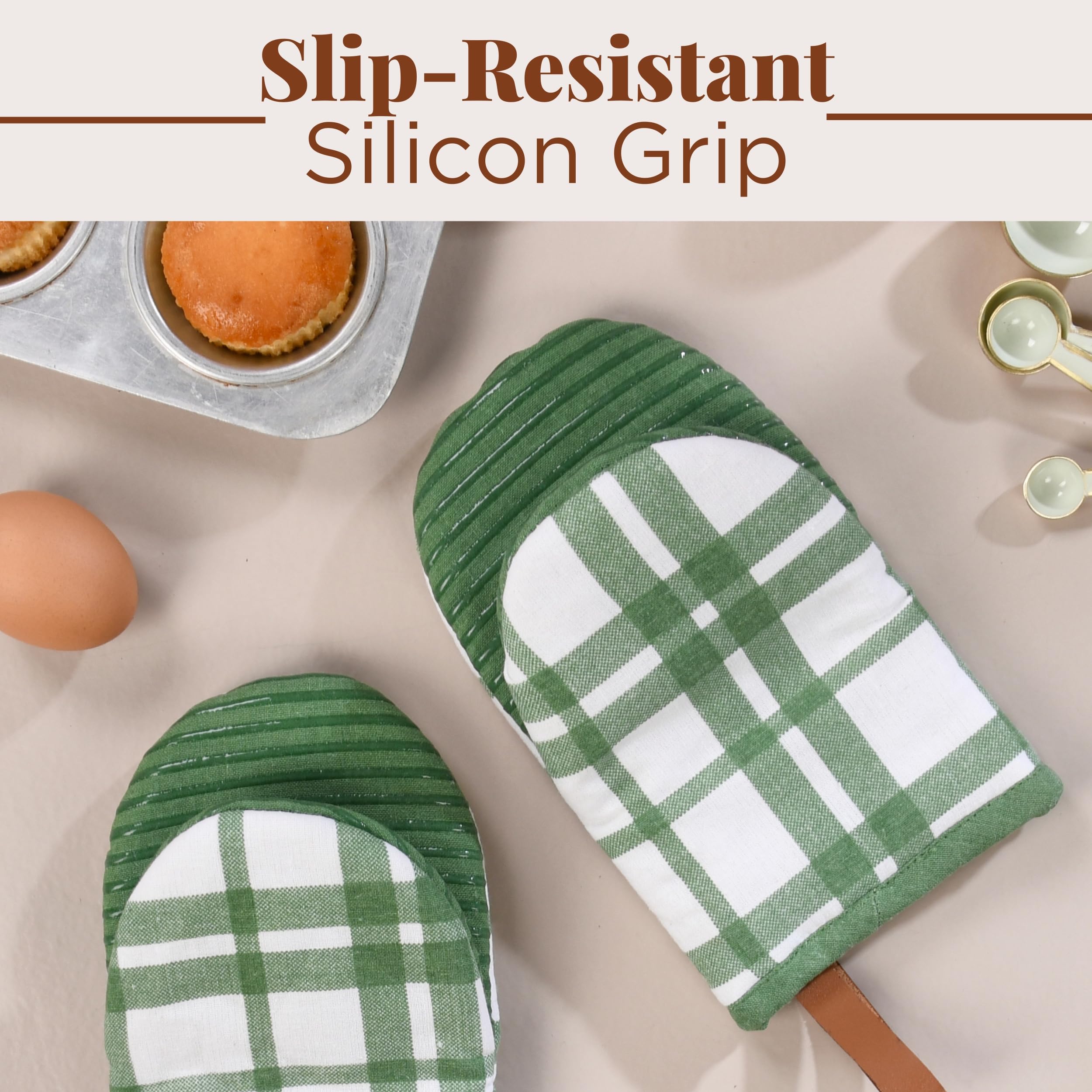 Folkulture Oven Mitts, Green Checkered, Set of 2,Heat Resistant -(5.75"x9")